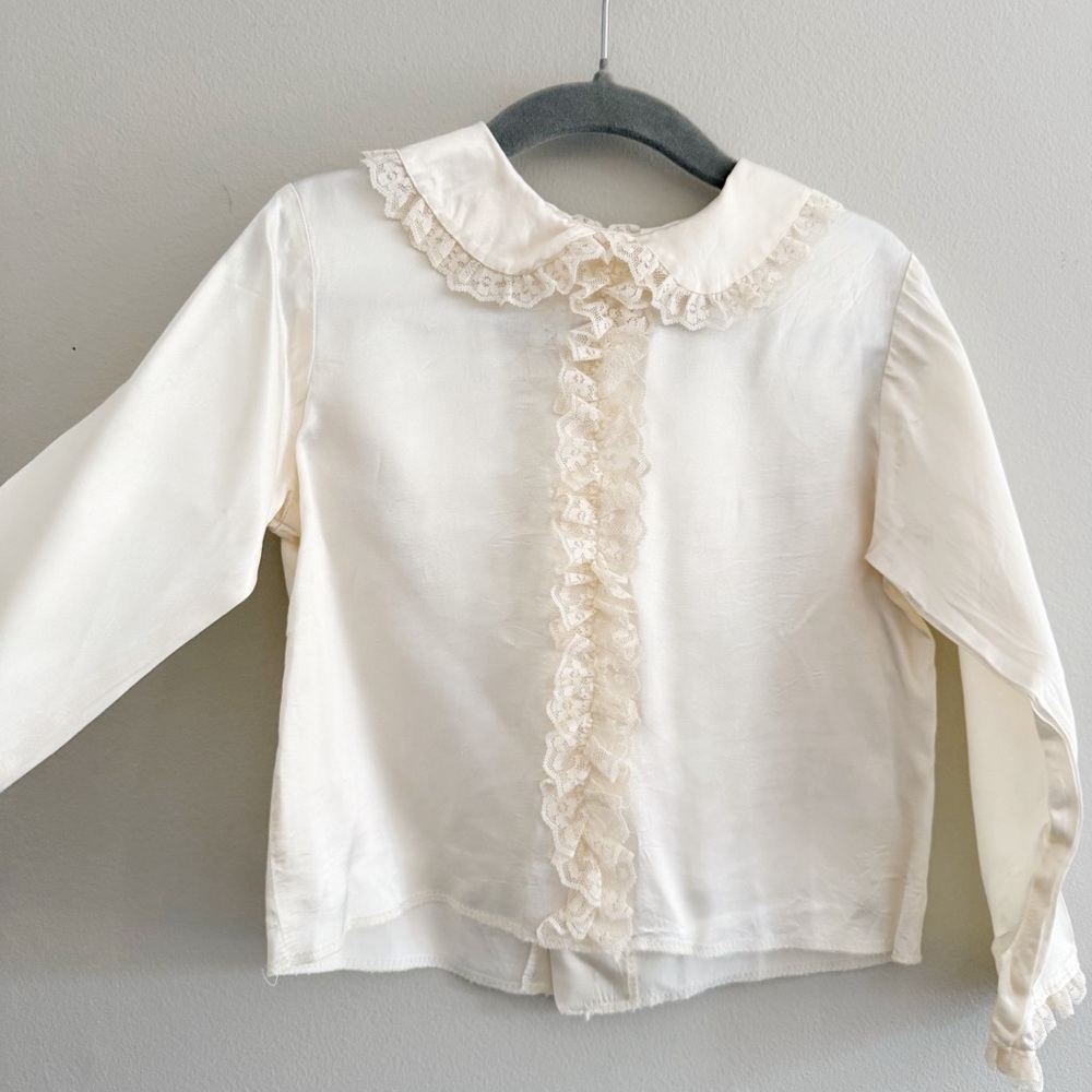 Vintage Satin Ivory Cream Toddler Blouse with Lace Detail - Picture 3 of 6